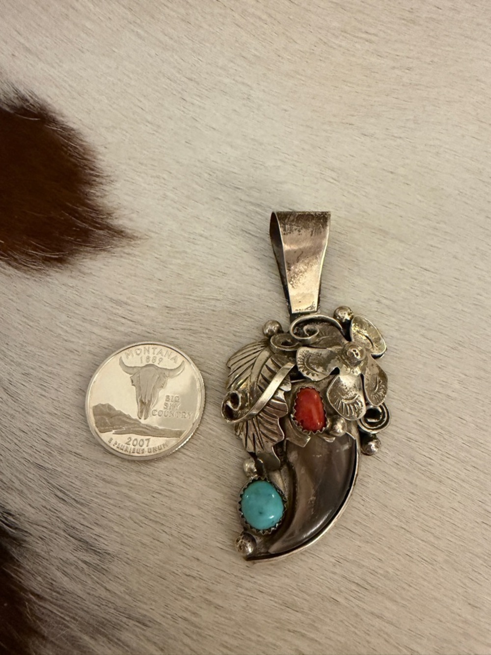 ❤️ Signed Navajo Jerry Thompson Kingman Turquoise Coral Bear Claw Pendant 925 - Picture 7 of 14